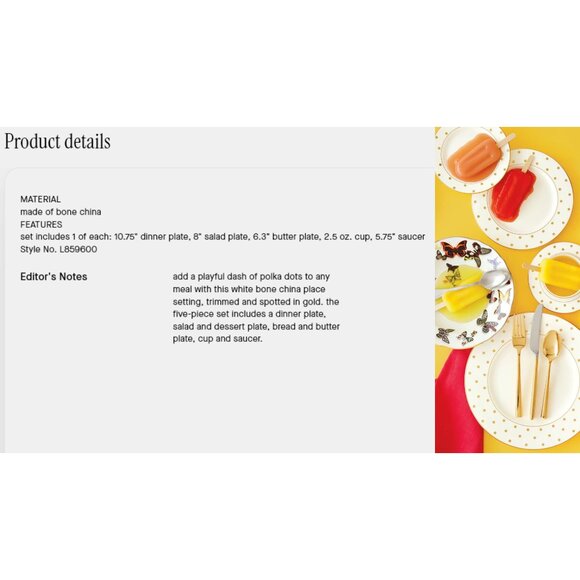 Kate Spade Larabee Road Gold 5 Piece Dinnerware Set Women's Valentine's Day Gift - Picture 2 of 16